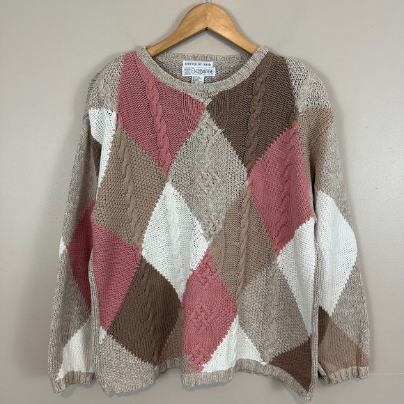 Fisherman Hand Knitted Sweater Vintage Large Pink Academia Argyle Cable Knit - Picture 2 of 9